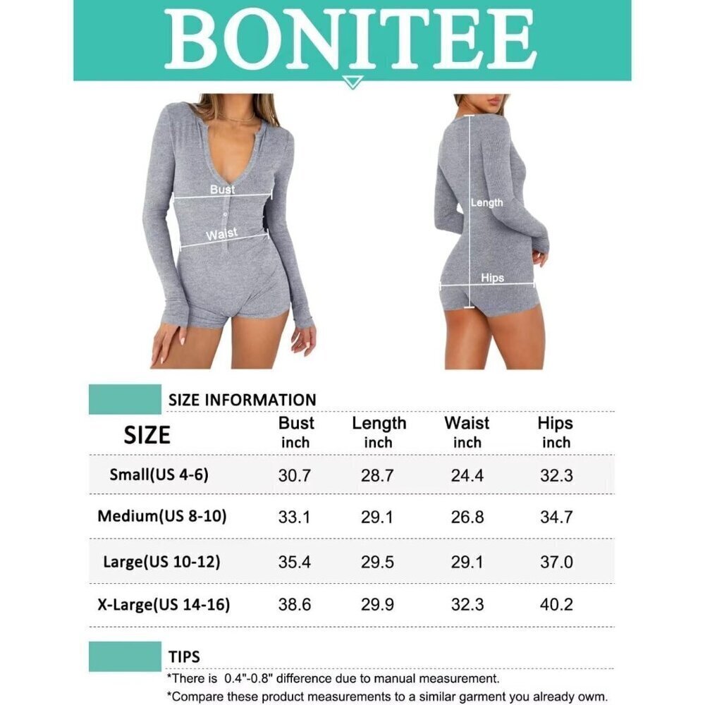 Women's Navy Blue One Piece Button Jumpsuit V Neck Romper Long Sleeve Bodysuit - Picture 4 of 4